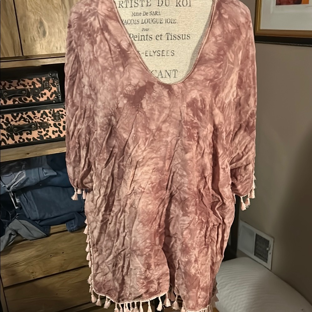 Pink Tie Dye Swim Coverup with Fringe - OS